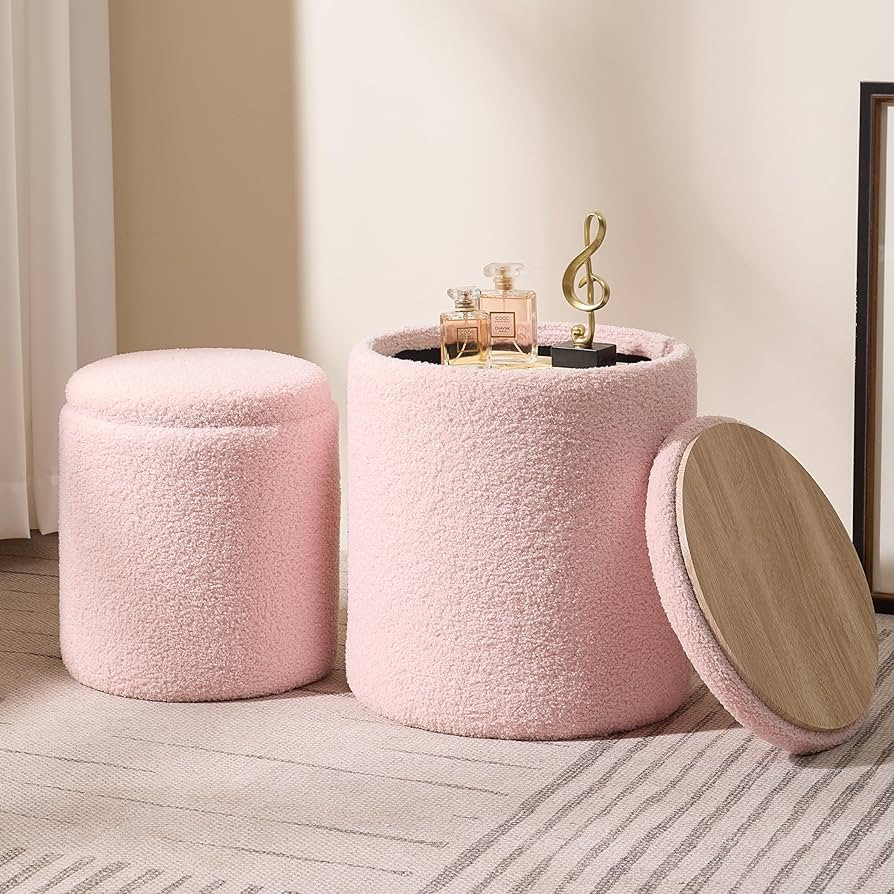 Round Boucle Upholstered Ottoman with Storage Set of 2 Vanity Stool Foot Rest with Removable Lid ... | Amazon (US)