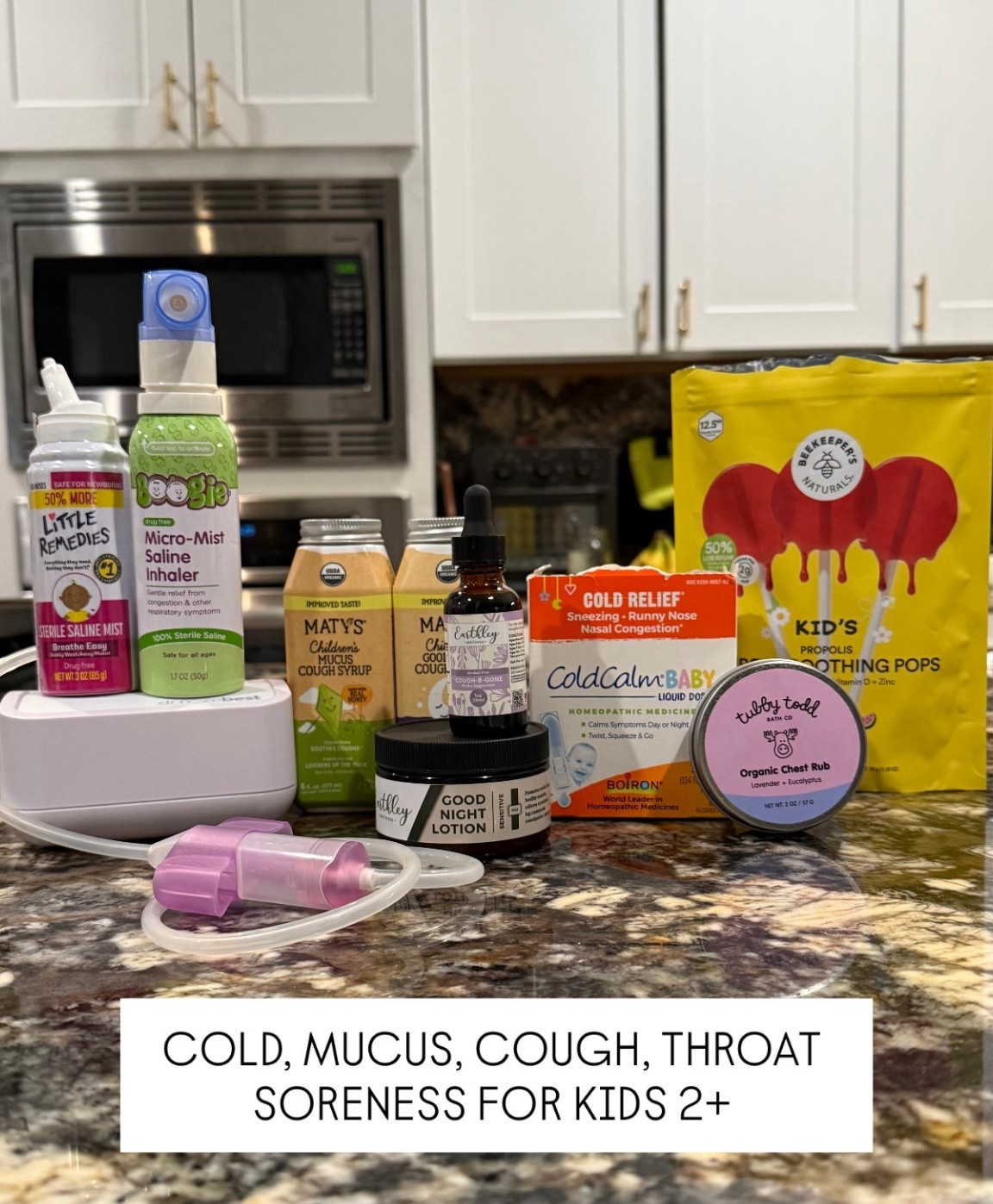 Here’s what I have in my medication cabinet for colds, mucus, cough, and throat soreness. (I have another post for fever and toddler vitamins) 

There are two products I wasn’t able to link, Earthley, I love all of their stuff. But the Cough B Gone and their Magnesium Lotion are great! 

And you might have seen me talk about our nose aspirator. It’s truly gold! It suctions all the mucus out in a matter of seconds. Gets the job done quick. It is a bit pricey but it’s worth every penny. 

Other natural remedies I do at home is lukewarm water with honey or just a teaspoon of honey every few hours to help throat soreness and loosen up mucus. 

- The Frida Breath Easy products are AMAZING. I think I lost them during our move.. but I will be ordering them to stock the medicine cabinet. The vapor drops I add to the humidifier or if I’m out of the ‘breath easy body wash’ I add the drops to his bath water. 

#toddler #sickness #noseaspirator 