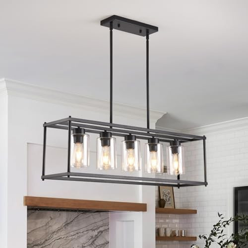 Sicddde Black Dining Room Light Fixture, 5-Lights Modern Rectangular Chandelier with Clear Glass Shades, Farmhouse Linear Island Lights for Kitchen Pool Table Bar, L35.4 | Amazon (US)