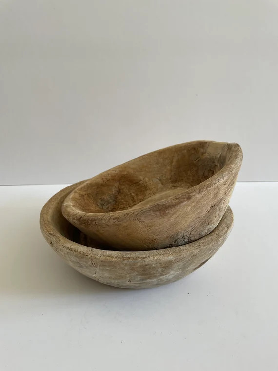 Set of Two Carved Bleached Wooden Bowl | Etsy (US)