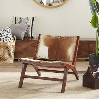 Litton Lane Brown Teak Wood Accent Chair with Hair on Hide Seat and Back (Set of 2) 37794 - The H... | The Home Depot