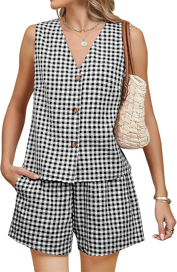 PEHMEA 2 Piece Sets for Women Summer Outfits 2025 Sleeveless V-Neck Gingham Vest and Shorts for B... | Amazon (US)