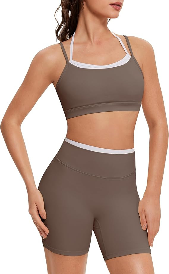 OMKAGI Workout Sets for Women Cute Doubel Layer Open Back Sports Bras Gym Shorts Outfits | Amazon (US)