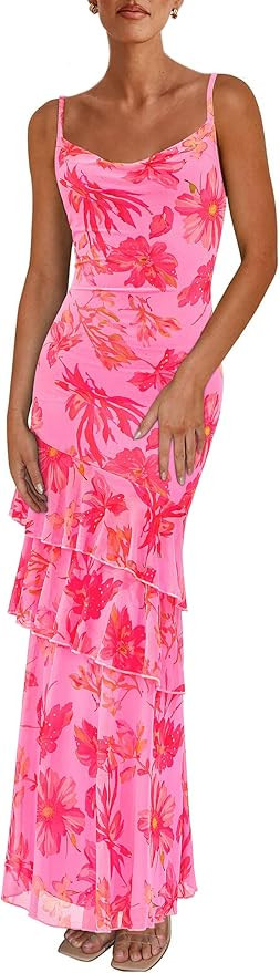 PRETTYGARDEN Maxi Dresses for Women 2026 Summer Tiered Floral Beach Sundress Spaghetti Strap Spri... | Amazon (US)