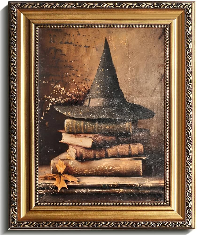 uniro Vintage Gold Framed Wall Art, Vintage Witch Hat Books Halloween Painting, Spooky Halloween ... | Amazon (US)