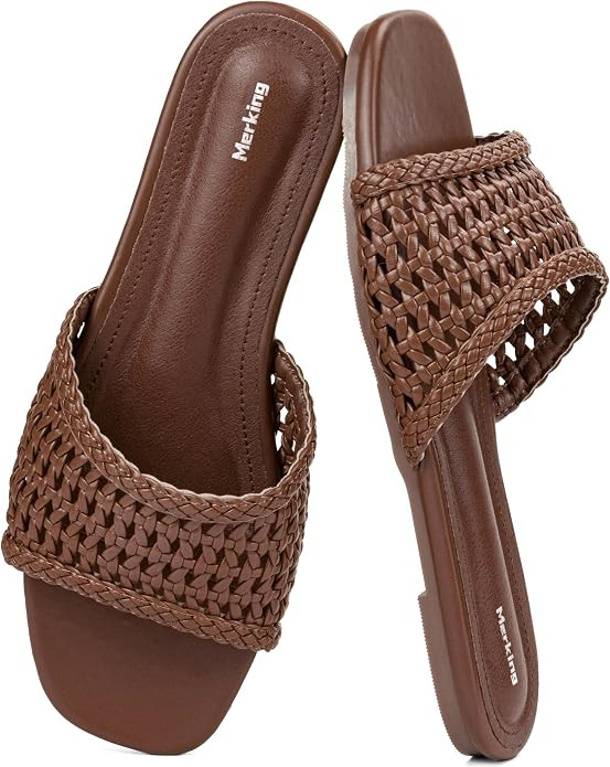 Merking Women's Braided Woven Slides Sandals | Square Toe Slip On Flat Sandal Summer Vacation Bea... | Amazon (US)