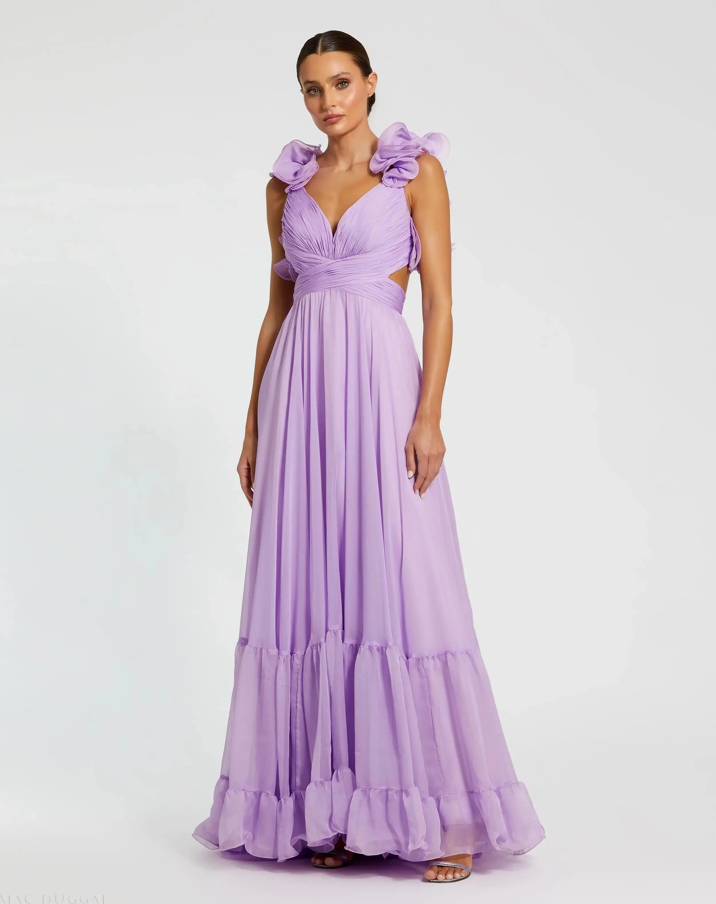 Mac Duggal - Purple Ruffle Tiered Cut-Out Chiffon Gown - FINAL SALE - US 0 | Mac Duggal