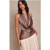 Petite Deep Taupe Tie Detail Satin Cowl Ruched Top | PrettyLittleThing UK