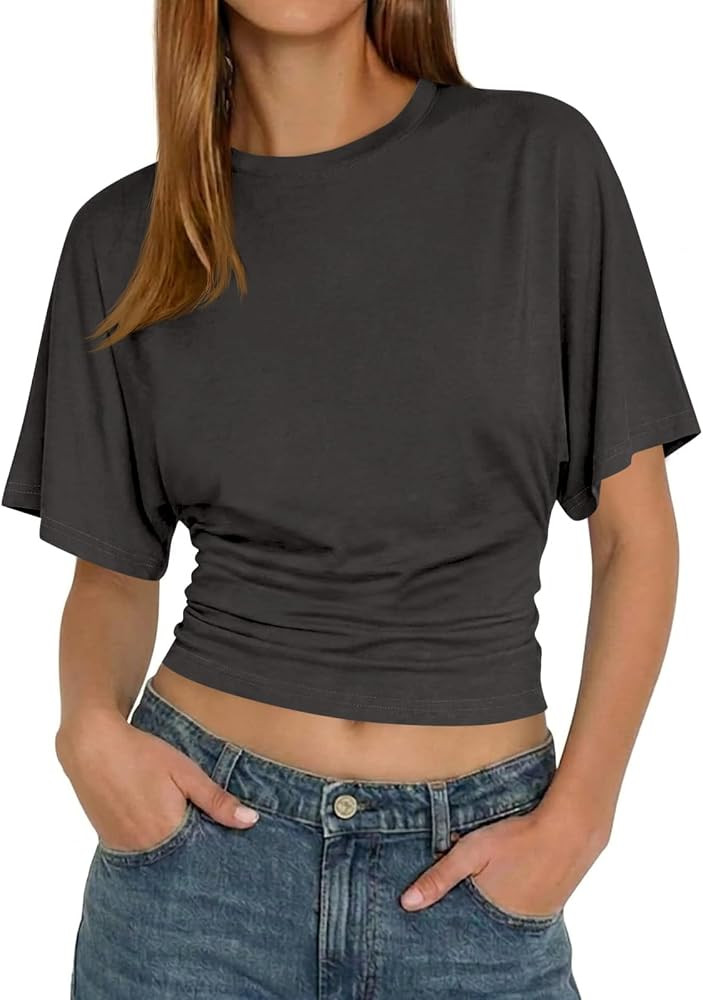 Tankaneo Womens Summer Short Sleeve Crop Tops Cinched Waisted Ruched Top Going Out T Shirts Trend... | Amazon (US)