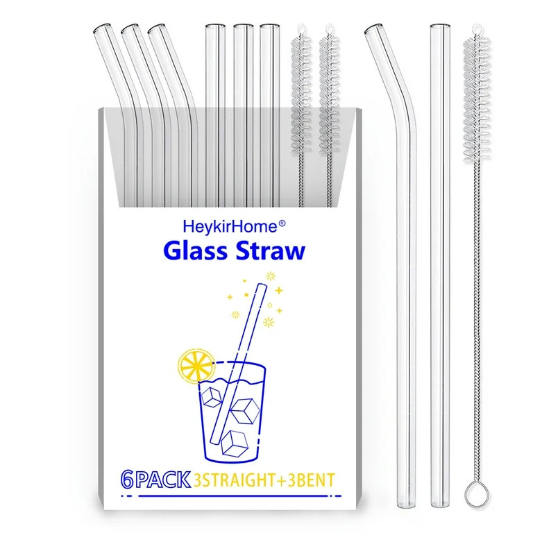 HeykirHome 6-Pack Reusable Glass Straw-Transparent,Size 8''x10 MM,Including 3 Straight and 3 Bent... | Walmart (US)