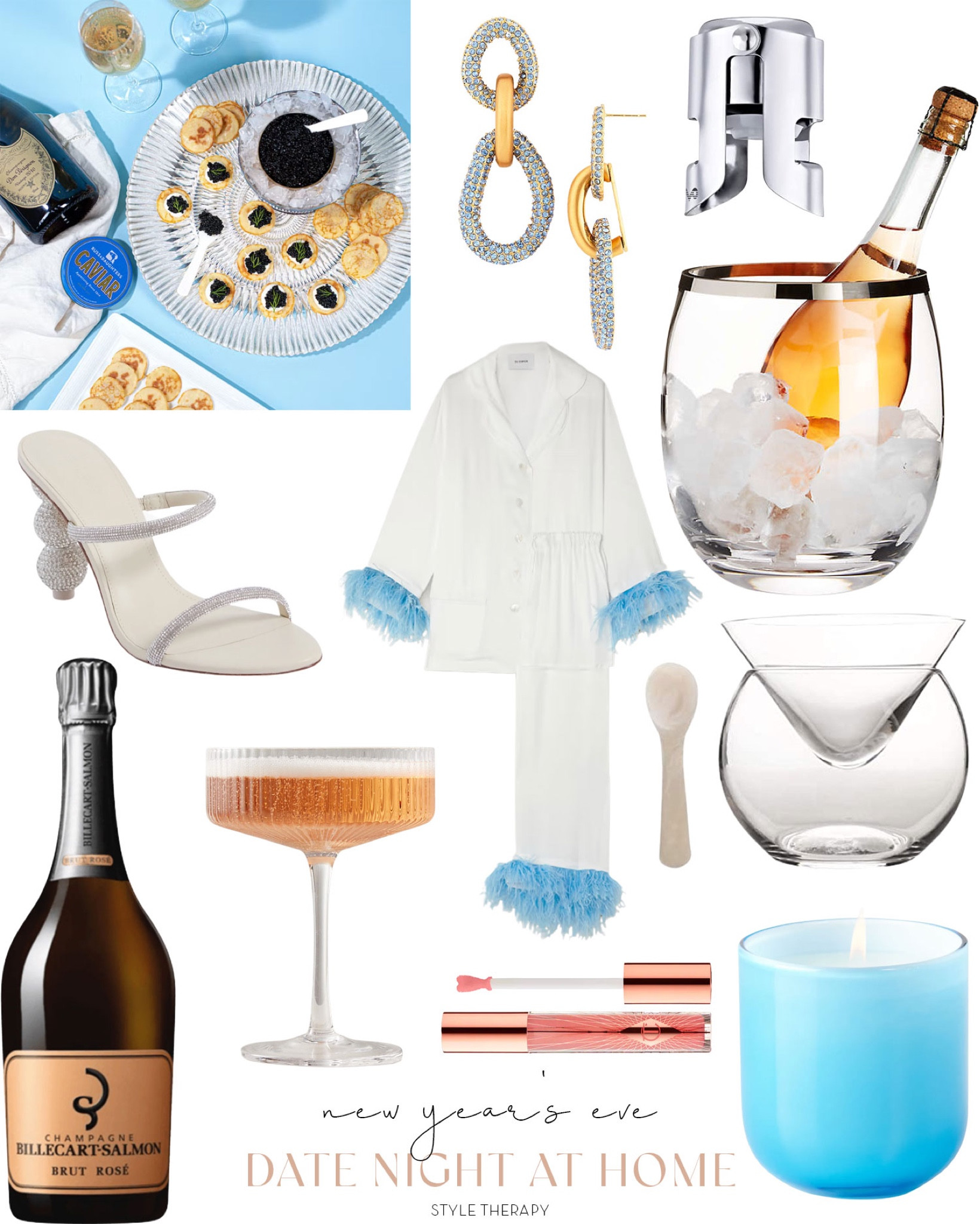 NYE Date Night At Home 💫 
All the essentials for a festive night in. Champagne, caviar, Sleeper pajamas, cult gaia, goldbelly 

#LTKSeasonal #LTKHoliday #LTKFind