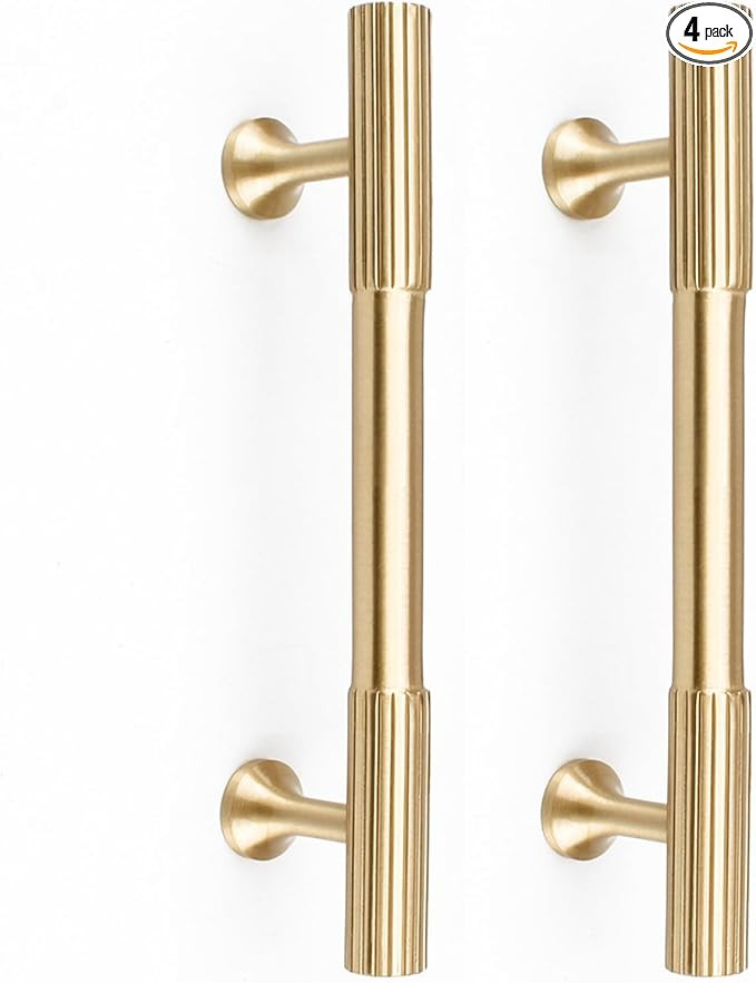 4pcs Solid Brass Gold Cabinet Pulls, 3-3/4-Inch Hole Centers for Kitchen Cupboard Handles Modern ... | Amazon (US)