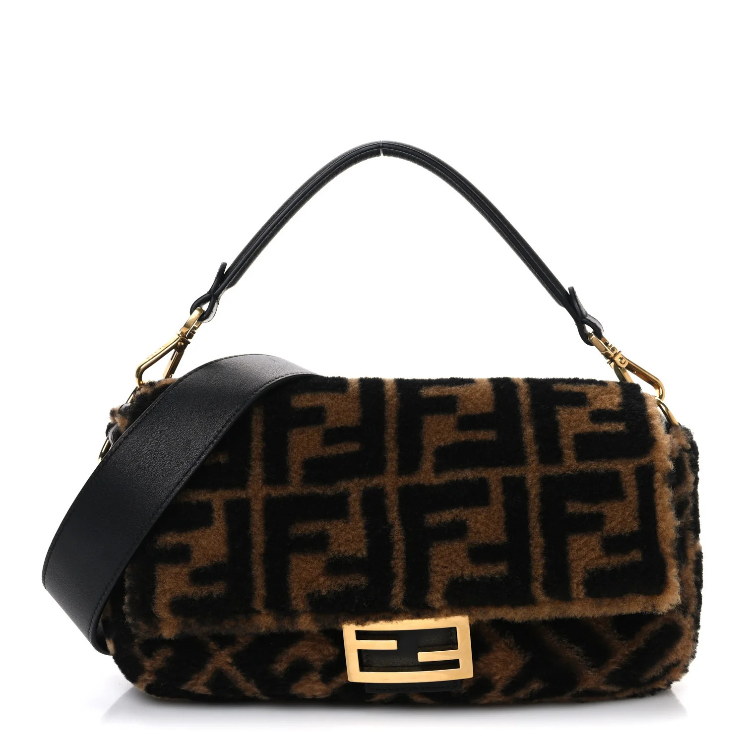 Fendi Shearling Vitello Dolce Macro FF 1974 Baguette Tobacco Black 1688020 | FASHIONPHILE (US)