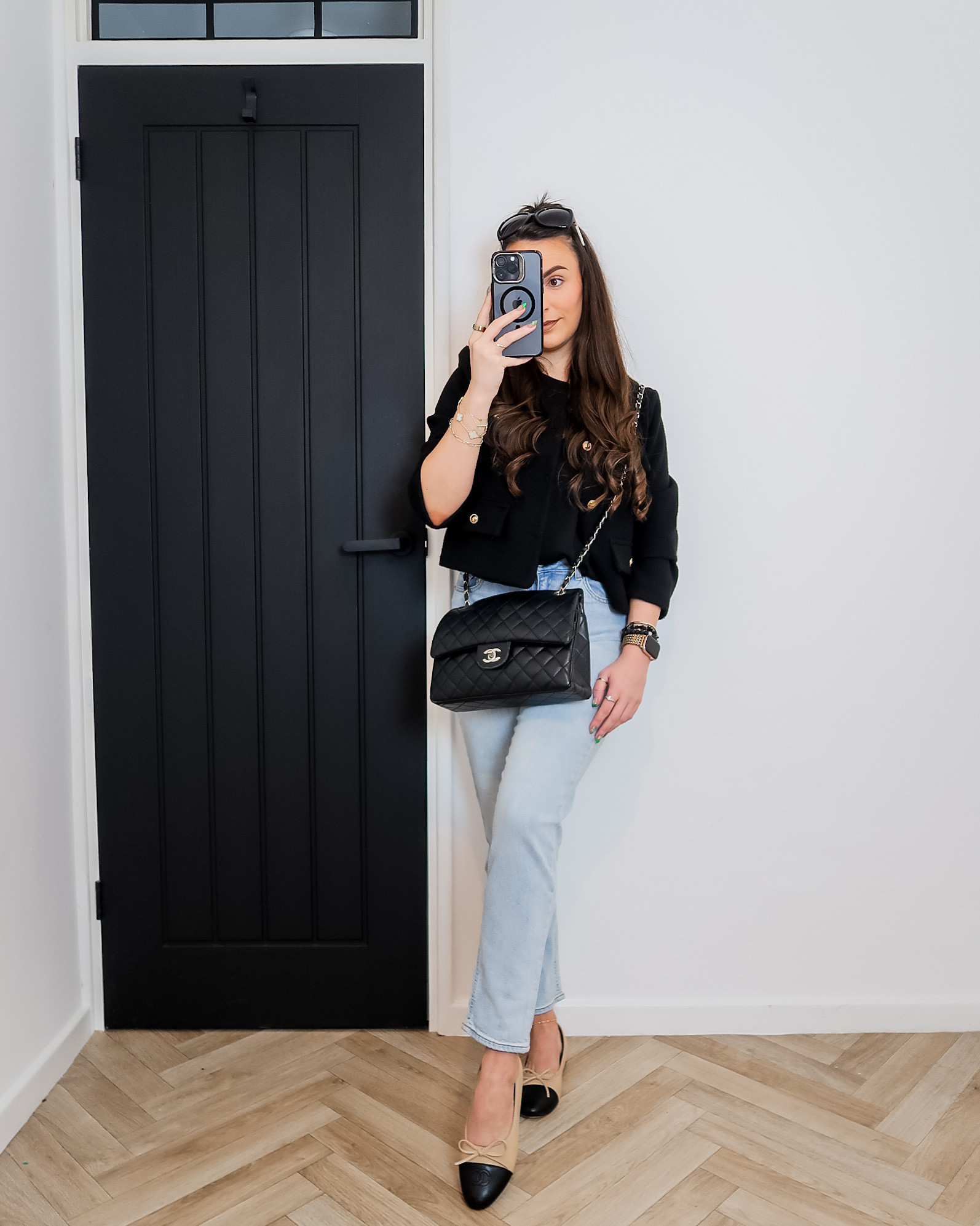 straight leg jeans, light wash denim, black cami top, gold button jacket, Chanel ballet flats, Chanel classic flap bag, oversized sunglasses, monochrome outfit, spring outfit, classy casual style, effortless chic, old money aesthetic

#LTKuk #LTKspring #LTKeurope