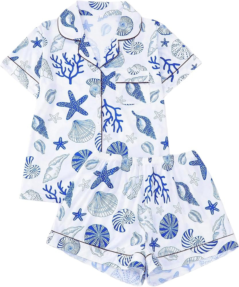 Women's 2 Piece Summer Ocean Print Pajama Sets Starfish Shell Sleepwear Short Sleeve Nightwear So... | Amazon (US)