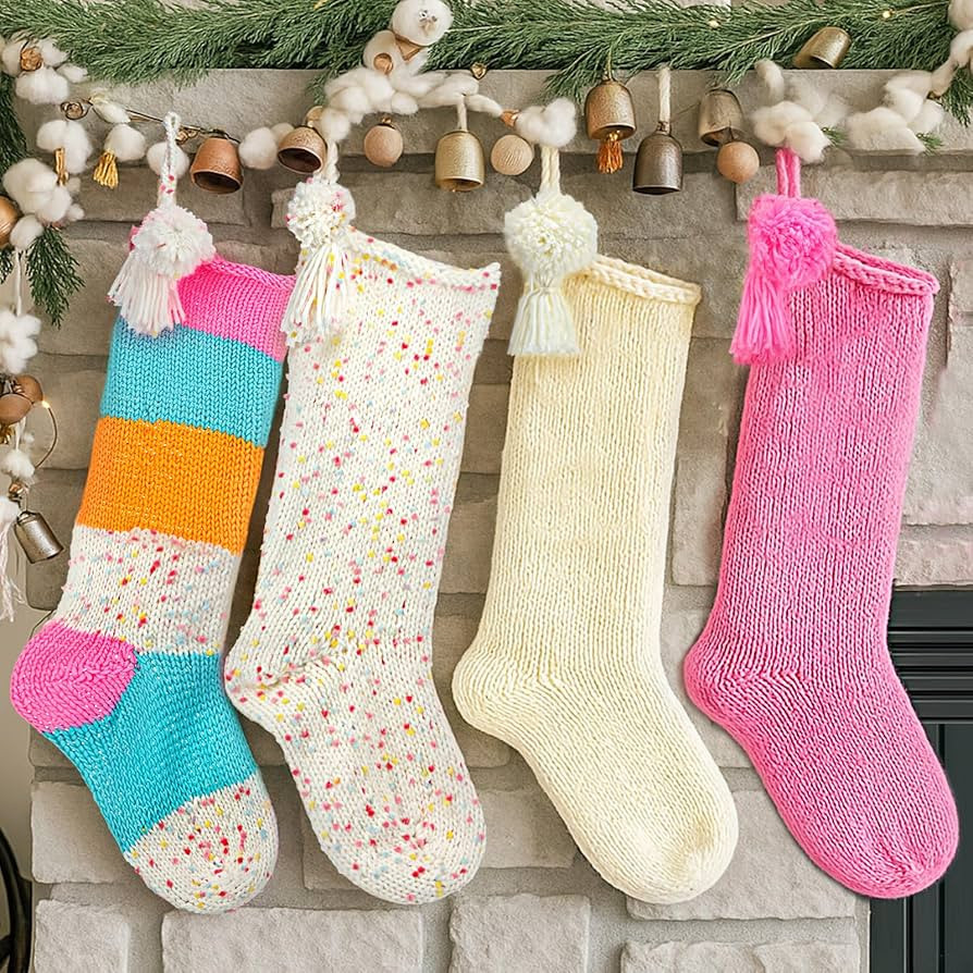 4 Pack Pastel Christmas Stockings with Tassels 18 Inches Large Hand Knitting Christmas Stockings ... | Amazon (US)