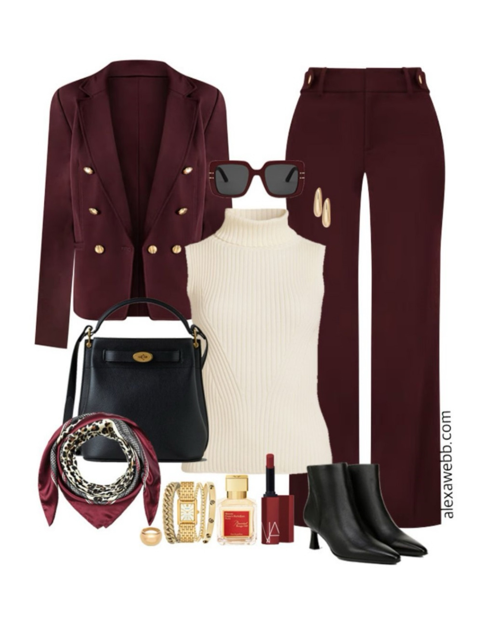 Plus Size Burgundy Blazer Outfits - A plus size professional work outfit with a burgundy suit. The jacket is double-breasted with gold buttons. So rich. Wear it with a sleeveless turtneck sweater and black ankle booties. Alexa Webb #plussize

#LTKStyleTip #LTKPlusSize #LTKWorkwear