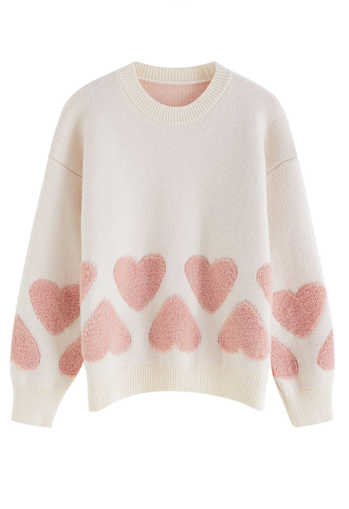 Tender Fuzzy Heart Jacquard Knit Sweater in Ivory | Chicwish