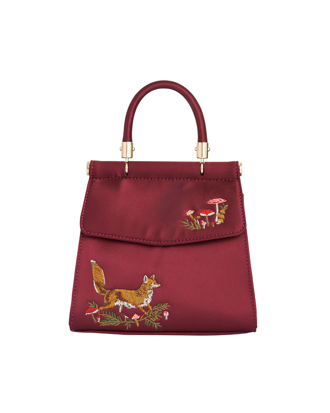 Fox & Mushroom Embroidered Burgundy Satin Tote | Fable England