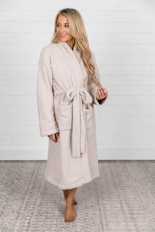 Treat Yourself Fuzzy Beige Robe | The Pink Lily Boutique