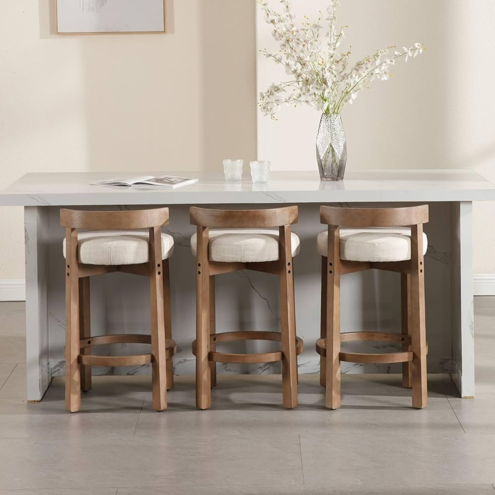 LukeAlon Mid Century Linen Counter Stools Set of 3, Upholstered 26.5" Seat Height Low Barstools w... | Amazon (US)