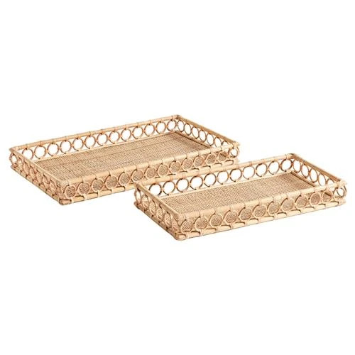 Elsie Coastal Beach Natural Rattan Rectangular Decorative Tray - Set of 2 | Kathy Kuo Home