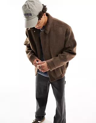 ASOS DESIGN oversized wool look bomber jacket in brown | ASOS (Global)