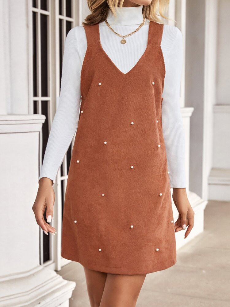 Pearls Beaded Overall Dress Without Sweater | SHEIN