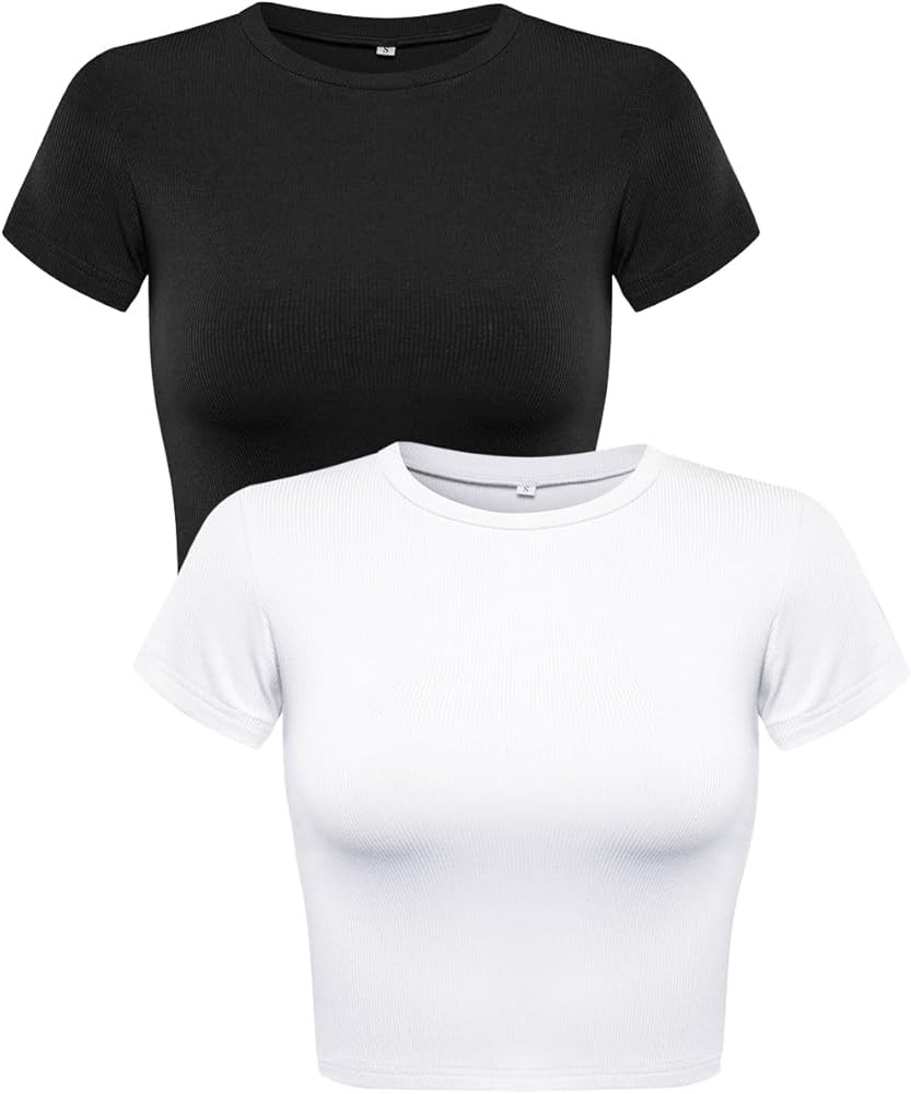 Allimy Womens Summer Short Sleeve Slim Fitted Tshirt Round Neck Ribbed Crop Tops | Amazon (US)