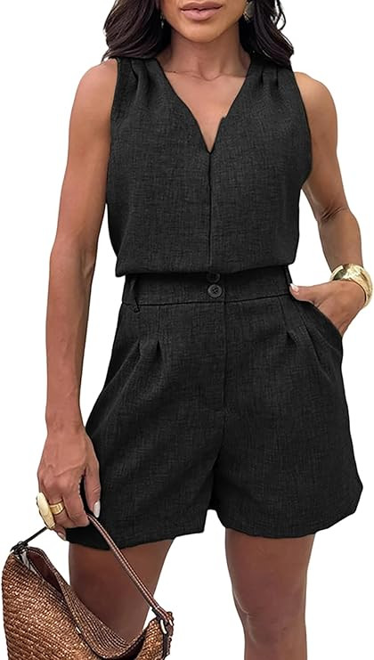 CHICME Women's Summer 2 Piece Outfits V-Neck Sleeveless Ruched Shoulder Top and High Waist Elasti... | Amazon (US)