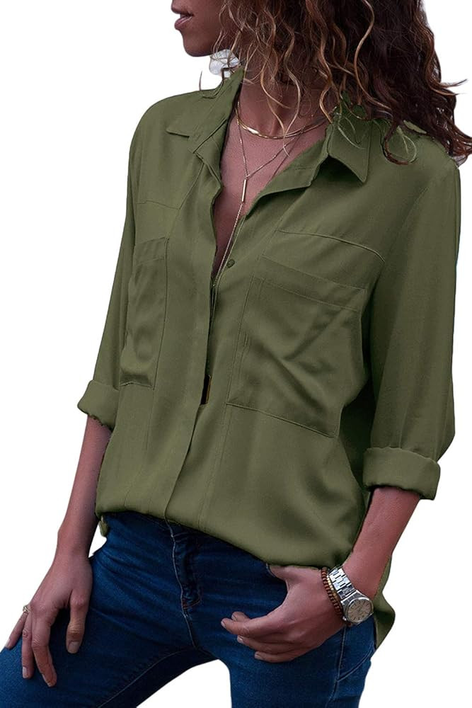 Women’s Button Down Shirts Roll-up Sleeve Blouse V Neck Casual Tunics Solid Color Tops with Poc... | Amazon (US)