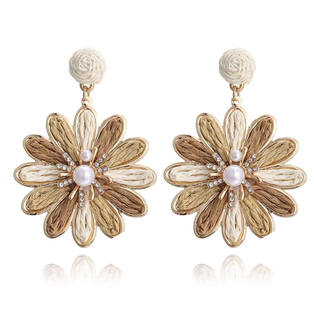 Boho Raffia Flower Earrings for Women – Lightweight Dangle Jewelry, Summer Beach Vacation Acces... | Amazon (US)