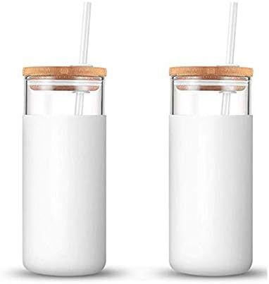 Tronco 20oz Glass Tumbler Straw Silicone Protective Sleeve Bamboo Lid - BPA Free(White/2-Pack) | Amazon (US)