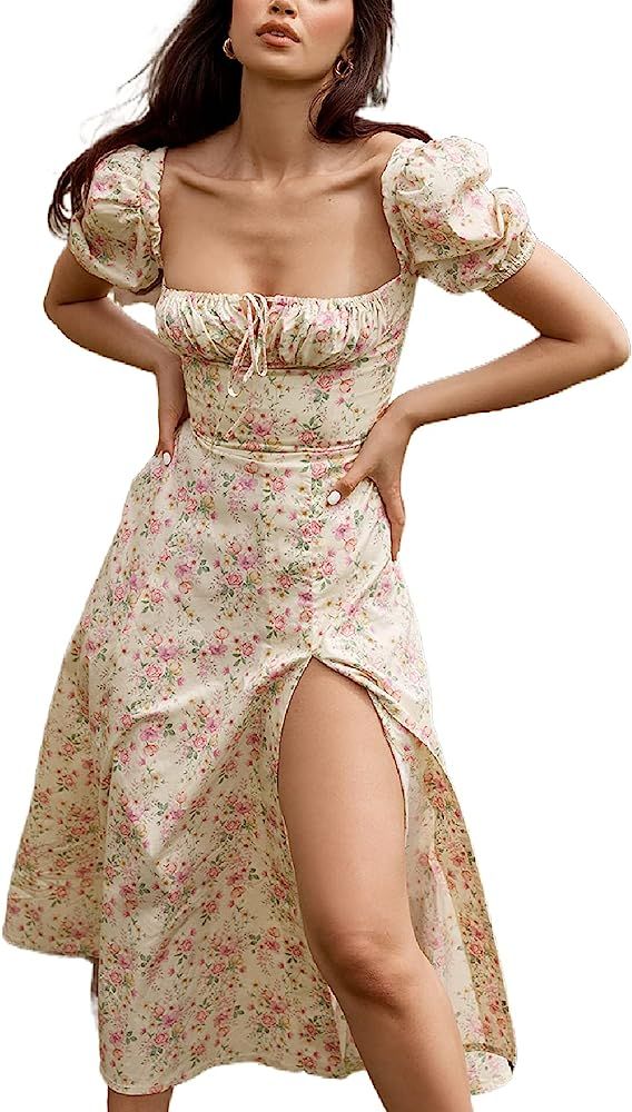 Women Boho Cottagecore Dress Puff Sleeve Vintage Dress Square Neck Floral Split Dress Flattering ... | Amazon (US)
