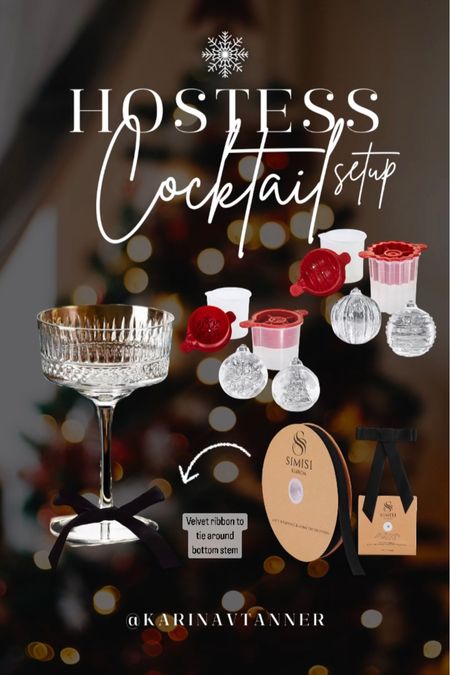 Holiday party cocktail set up inspo. Perfect for hosting for cocktails/mock tails

10 oz coupe glasses
Ice cube ornament trays
Velvet ribbon to tie on the bottom stem

Linked ones in the graphic. Also linked a gold rim coupe glass that’s darling 
Holiday decor, holiday party, holiday drinks 

#LTKparties #LTKHoliday #LTKhome