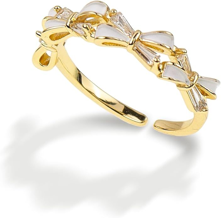 Sonateomber Gold White Bow Adjustable Eternity Promise Ring for Women Teen Girls - Trendy Cute Rh... | Amazon (US)