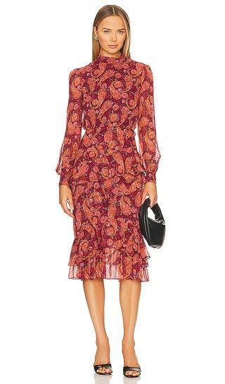 Isa Ruffle Dress in Ruby Paisley Red Wedding Guest Dress Red Cocktail Dress Red Midi Red Dress Code | Revolve Clothing (Global)