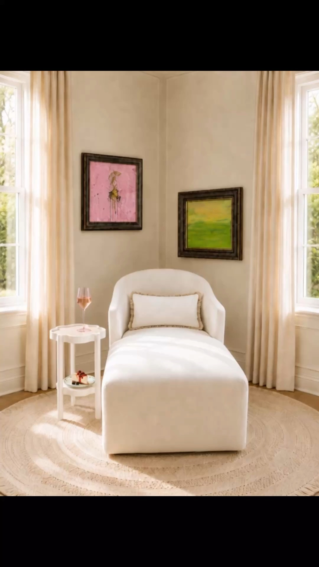 After dinner, this is the perfect place to settle in and enjoy a quiet moment. The elegant chaise, with its smooth upholstery and graceful curves, creates an inviting place to lounge, paired with a charming side table for dessert and a glass of rosé. Colorful artwork brings personality to the soft neutral palette, while the round textured rug grounds the space and elegant drapes frame the natural light beautifully. Relaxed, refined, and designed for unwinding at the end of the day.

20% off custom upholstery at Serena & Lily—ends today.

#AfterDinner #LoungeSpace #ChaiseLounge #CustomUpholstery #SerenaAndLily #SideTable #Artwork #RoundRug #Drapes #ElegantDrapes #DessertPlate #WineGlass #LivingRoomDesign #CozyCorner #InteriorStyling #RelaxedElegance #ModernClassic #HomeDecor

#LTKHome #LTKdayinmylife #LTKHome #LTKSaleAlert