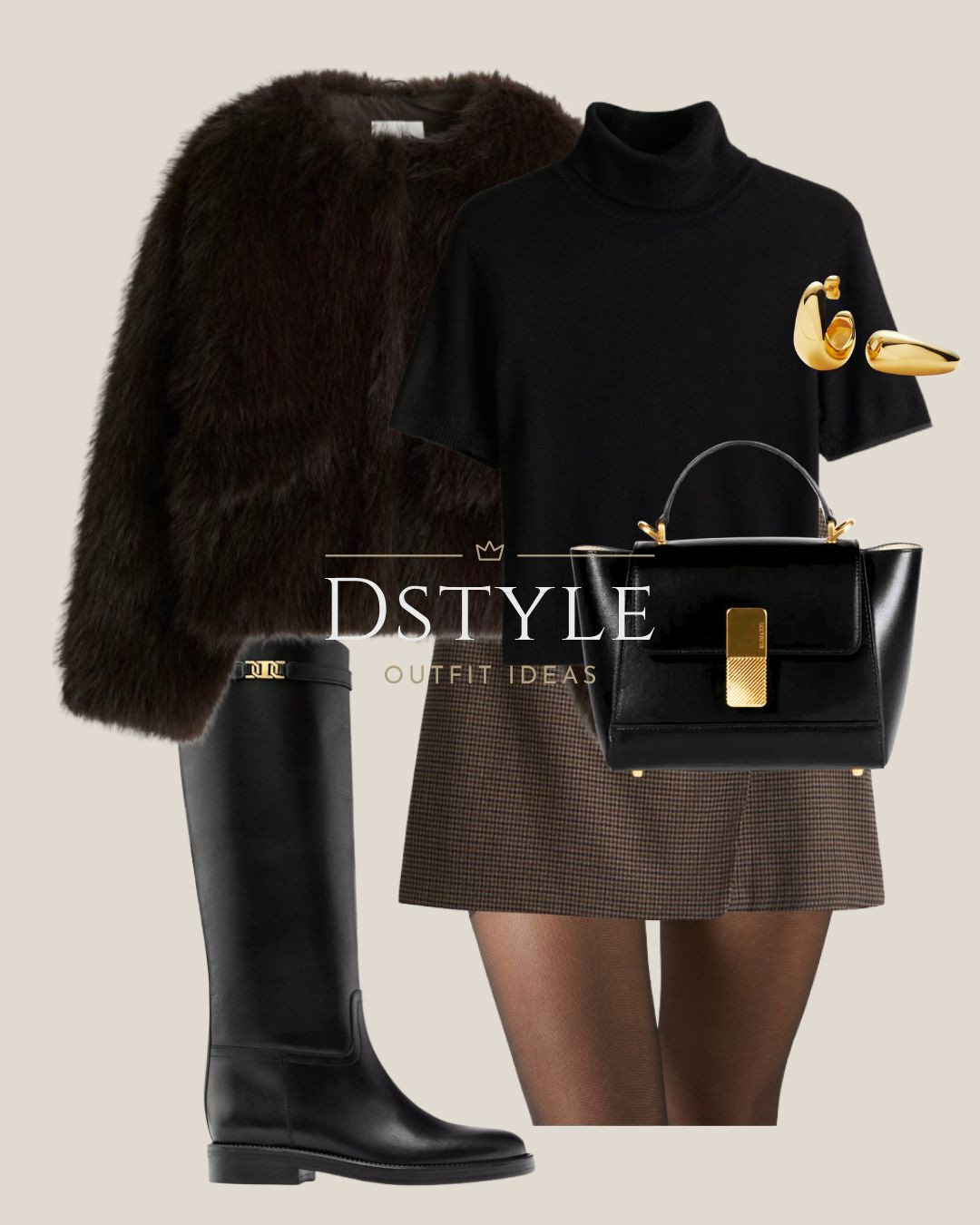 Cozy Textures and Chic City Style 🖤🤎 The brown faux fur jacket and classic turtleneck are perfectly balanced by the sophisticated structure of this black top-handle bag with its beautiful gold hardware. Paired with a plaid mini skort and sleek tall leather boots, it's ready for a stylish day out! 

 #fauxfur #citychic #turtleneck #plaidskort #tallboots #blackbag #statementbag #winterlayers #ltkfashion #outfitinspo #LTKootd