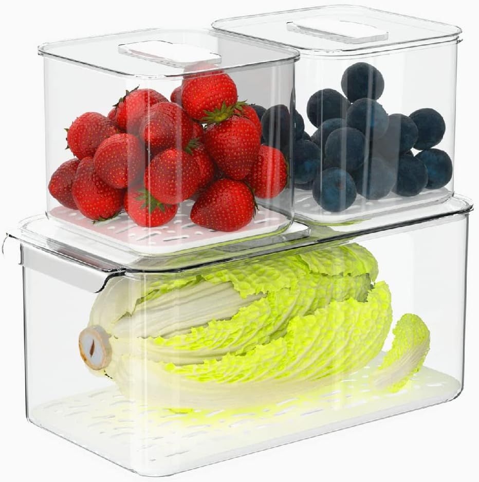 Fridge Food Storage Bin Containers Keeper Produce Saver, Stackable Organizer Bins Baskets with Li... | Amazon (US)
