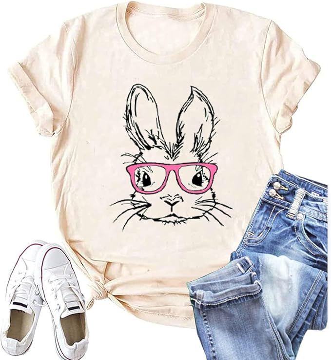 Funny Bunny Print T Shirt for Women Cute Grapic Leopard Shirts Family Blouse Gifts Easter Tops Te... | Amazon (US)