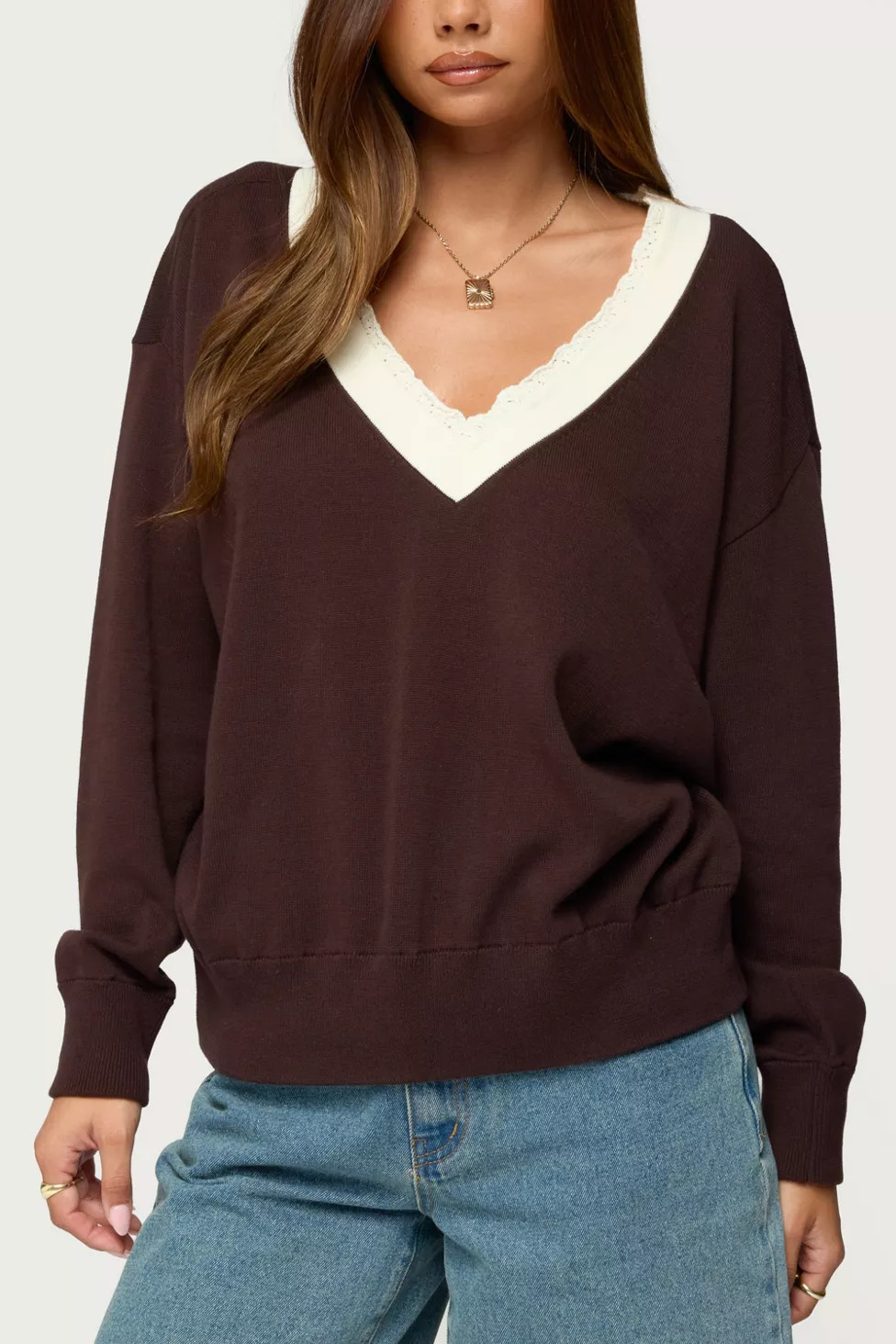 Edikted Marie Contrast Lacey V Neck Sweater | Urban Outfitters (US and RoW)