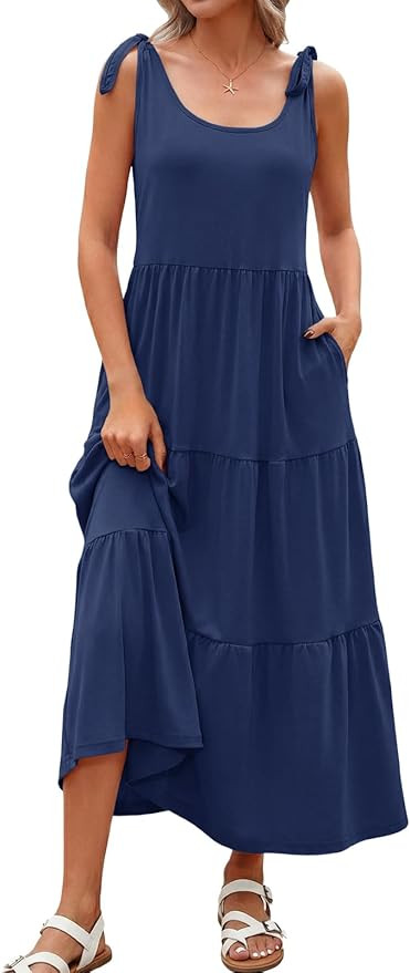 Wenrine Womens Sundress Summer Maxi Dress Casual Tie Strap Sleeveless V Neck Tiered Loose Flowy B... | Amazon (US)