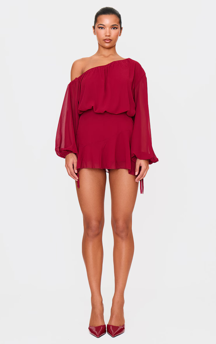 Burgundy Chiffon One Shoulder Floaty Skort Romper | PrettyLittleThing US