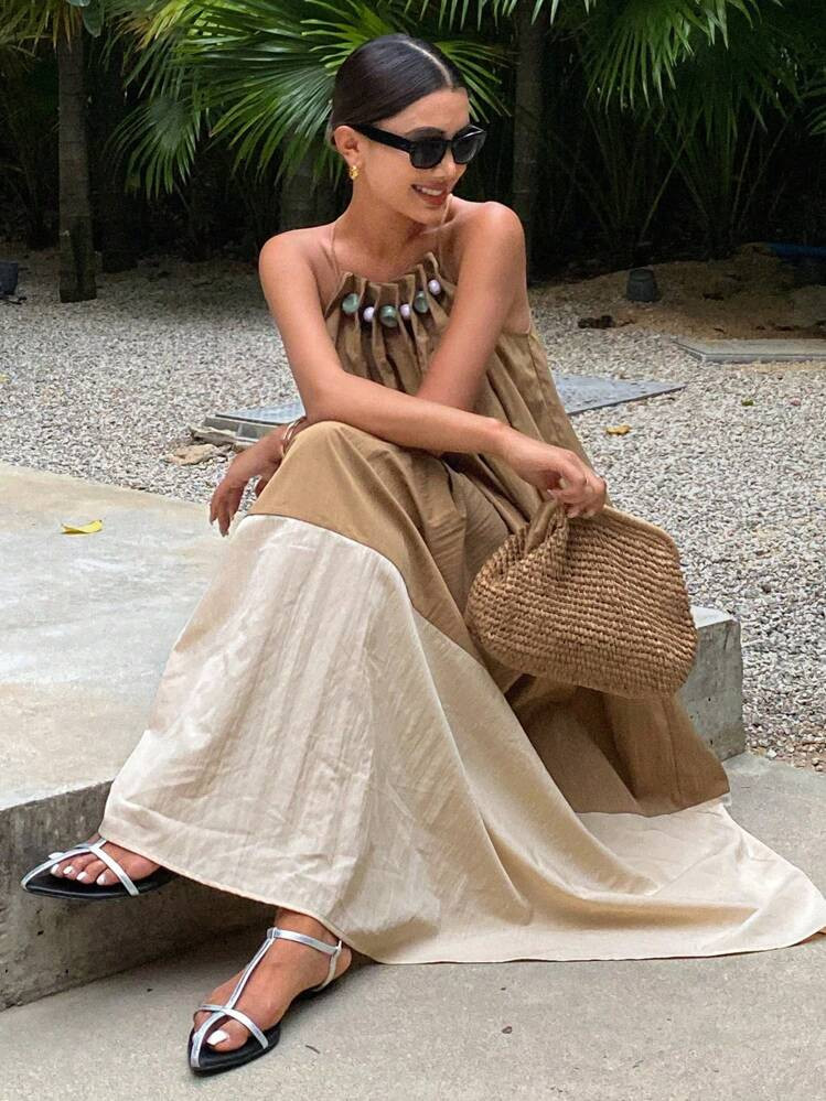 Livesso Sleeveless Patchwork Color Block Beaded Dress For Ladies Summer Cruise Women Outfits | SHEIN