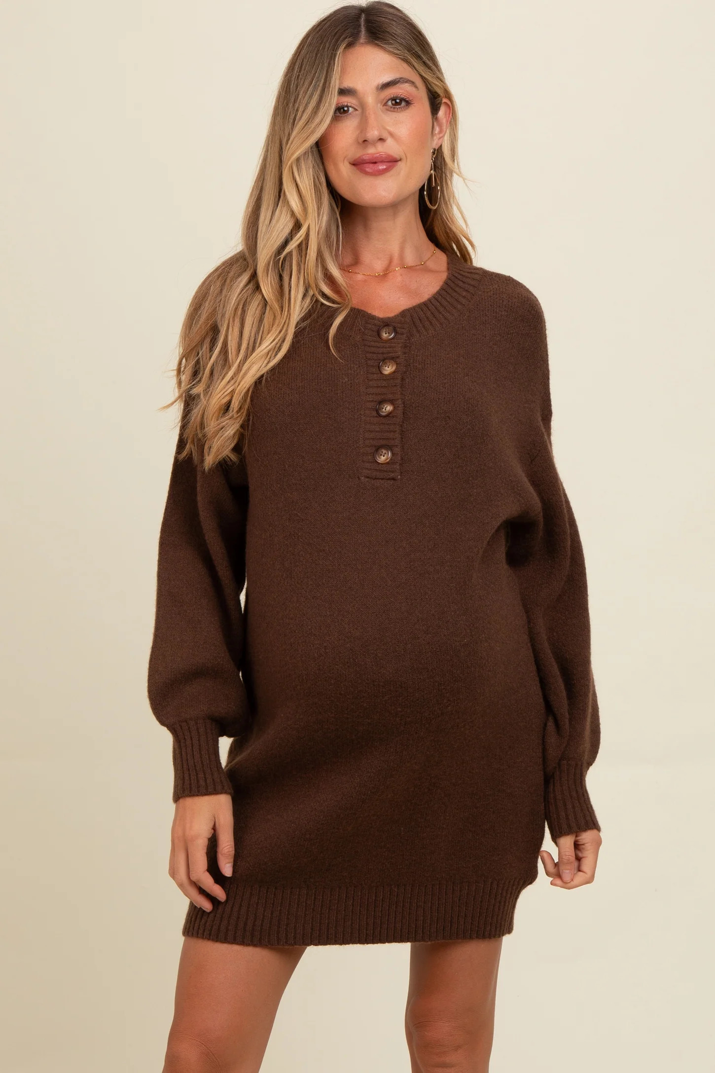 Brown Half Button Up Maternity Mini Sweater Dress | PinkBlush Maternity