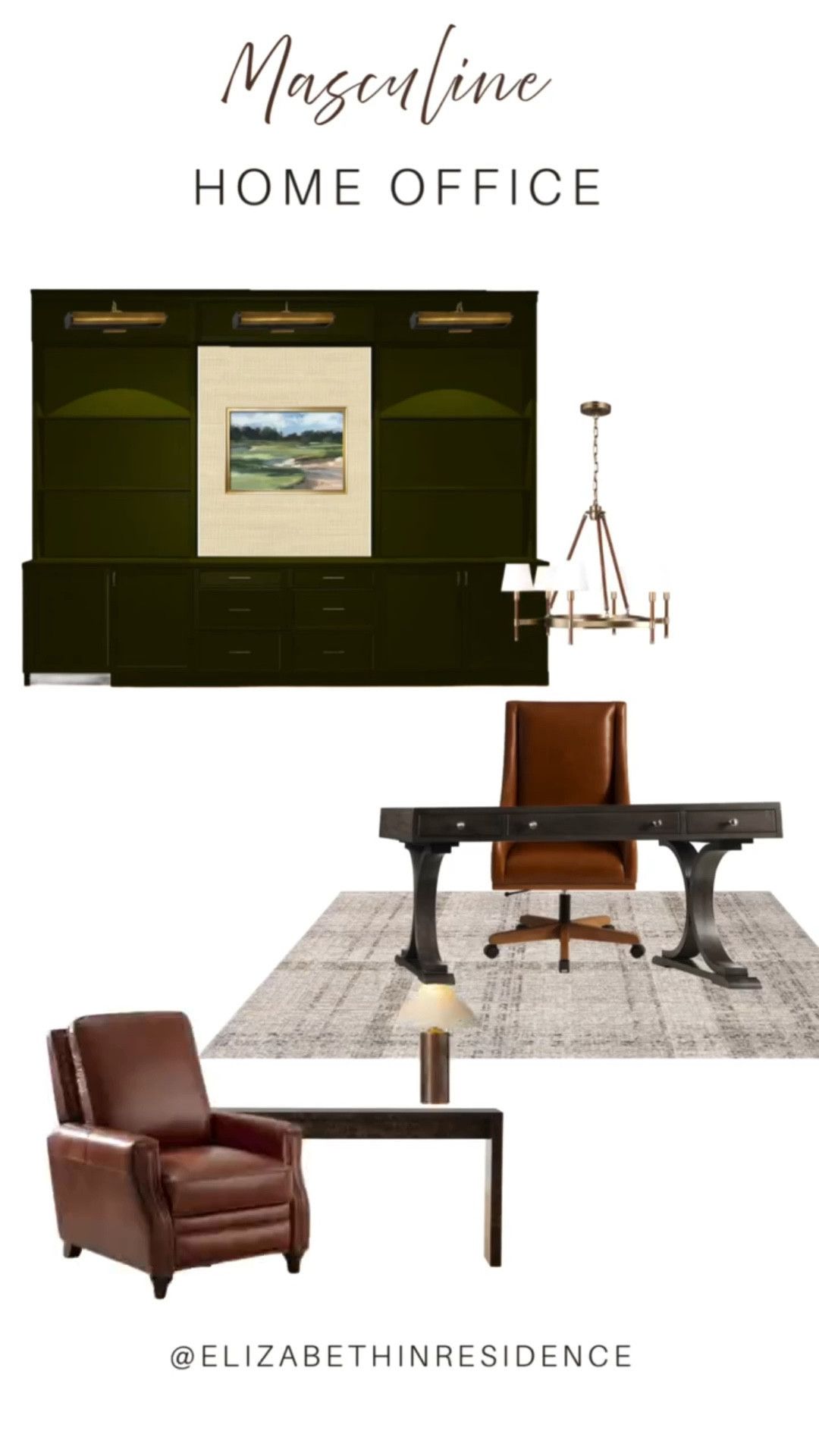 We are making some progress on my husband's office re-design. We are adding moody green built in cabinetry, new lighting, and upgrading his desk. Working from home is starting to look pretty cute. What do you think so far? 

Comment SHOP if you want the links to this masculine home office and I'll send them to your dm's.

Work from home | home office design | masculine home office