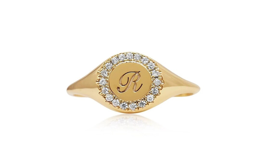 Dainty Round Diamond Signet Ring in Gold, Small Solid Gold Initial Ring With Diamonds, Any Letter... | Etsy (US)