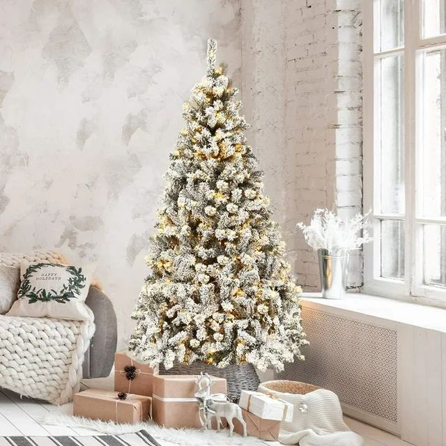 Gymax 6 FT Pre-Lit Christmas Tree Snow Flocked Hinged Pine Tree w/ Metal Stand | Walmart (US)