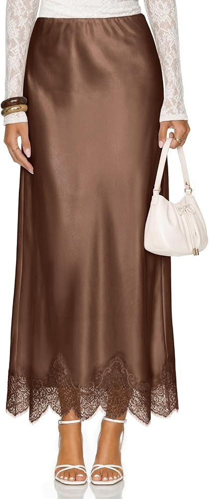 MEROKEETY Satin Lace Trim Maxi Skirts High Waisted Long Skirt for Women | Amazon (US)